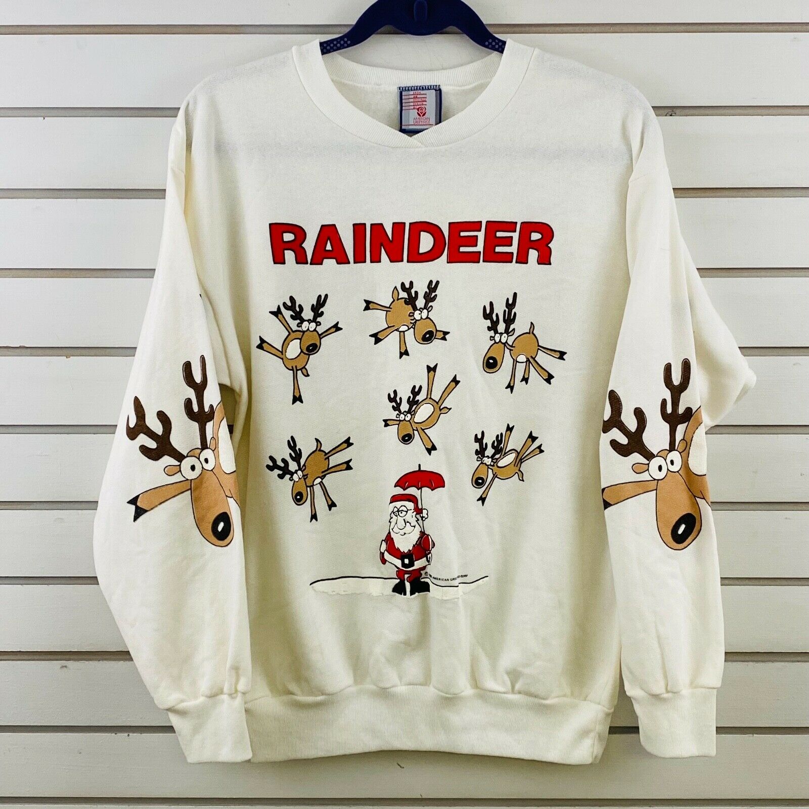 Vtg Womens M Raindeer Christmas Sweatshirt Santa Raining Reindeer Umbrella 1988