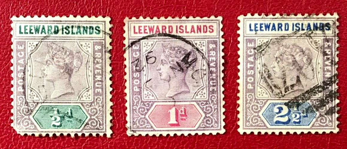LEEWARD ISLANDS Sc#1-3 1890 QUEEN VICTORIA USED Hinhe rem. NO THINS F/VF 8-345