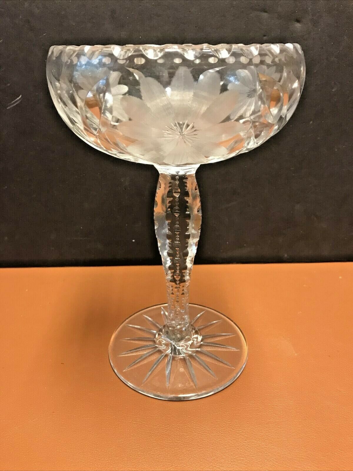 American Brilliant Cut Glass Etched Pedestal Candy/compote Dish 8” Notched Stem