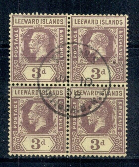 LEEWARD ISLANDS 72 SG69 Used 1927 3p KGV block of 4 Wmk Mult Script CA CV$27
