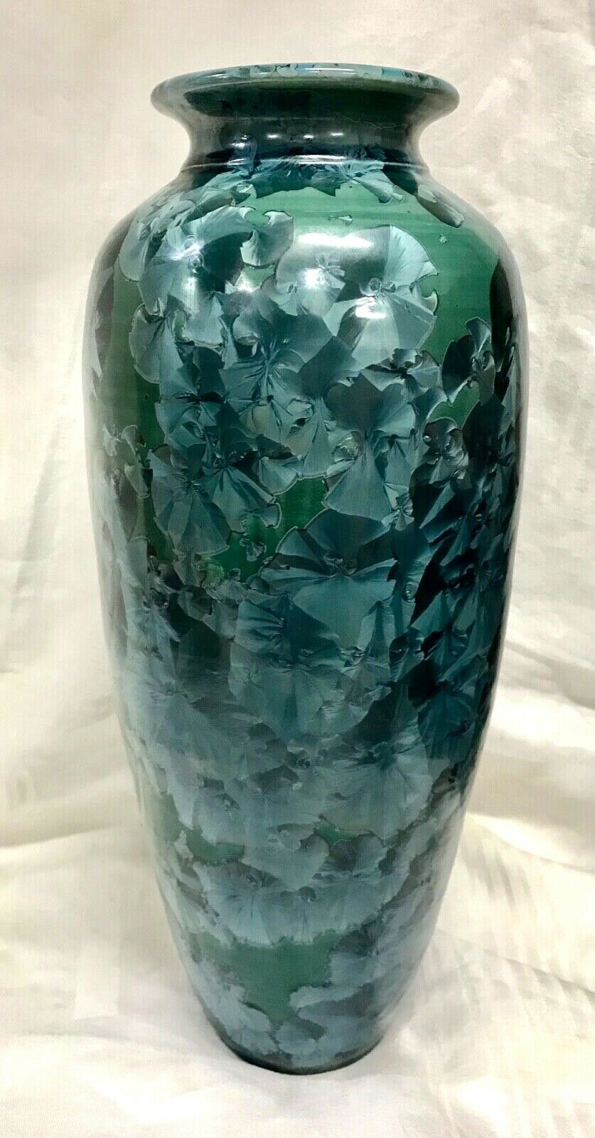 Phil Morgan Seagrove Nc 2004 Signed & Dated 15" Crystalline Vase Blues/ Greens