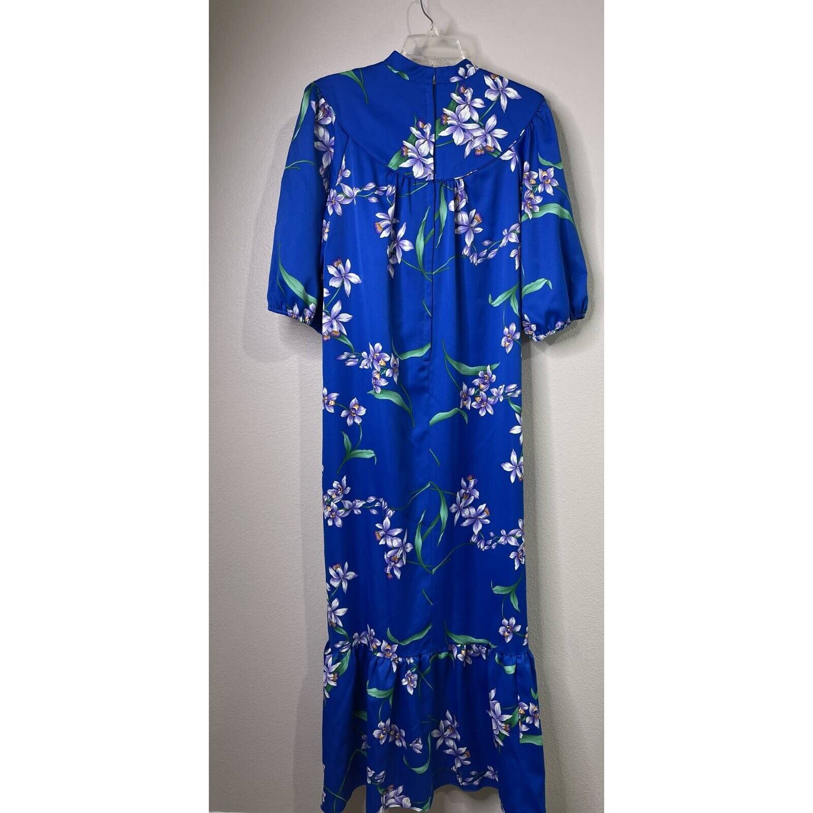 Darina Honolulu Hawaiian Dress Blue Floral Band Collar Ruffle Aloha Vintage L-xl