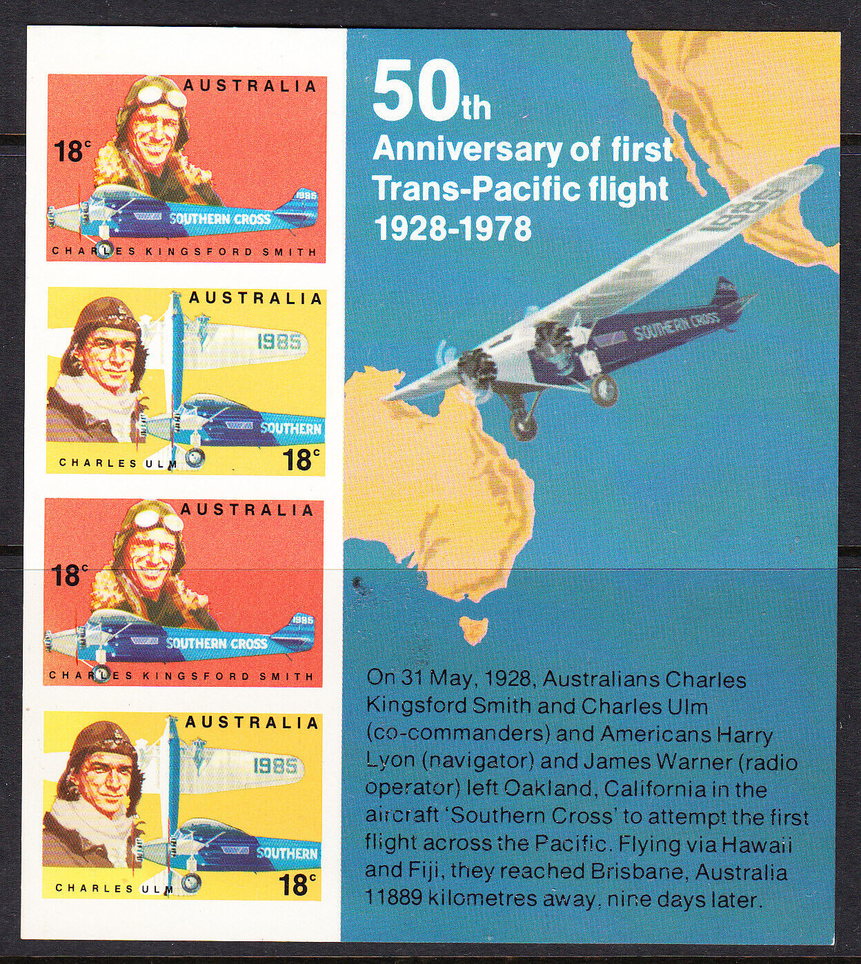 Australia, 1978 Trans-pacific Flight Imperforate Miniature Sheet, Mnh