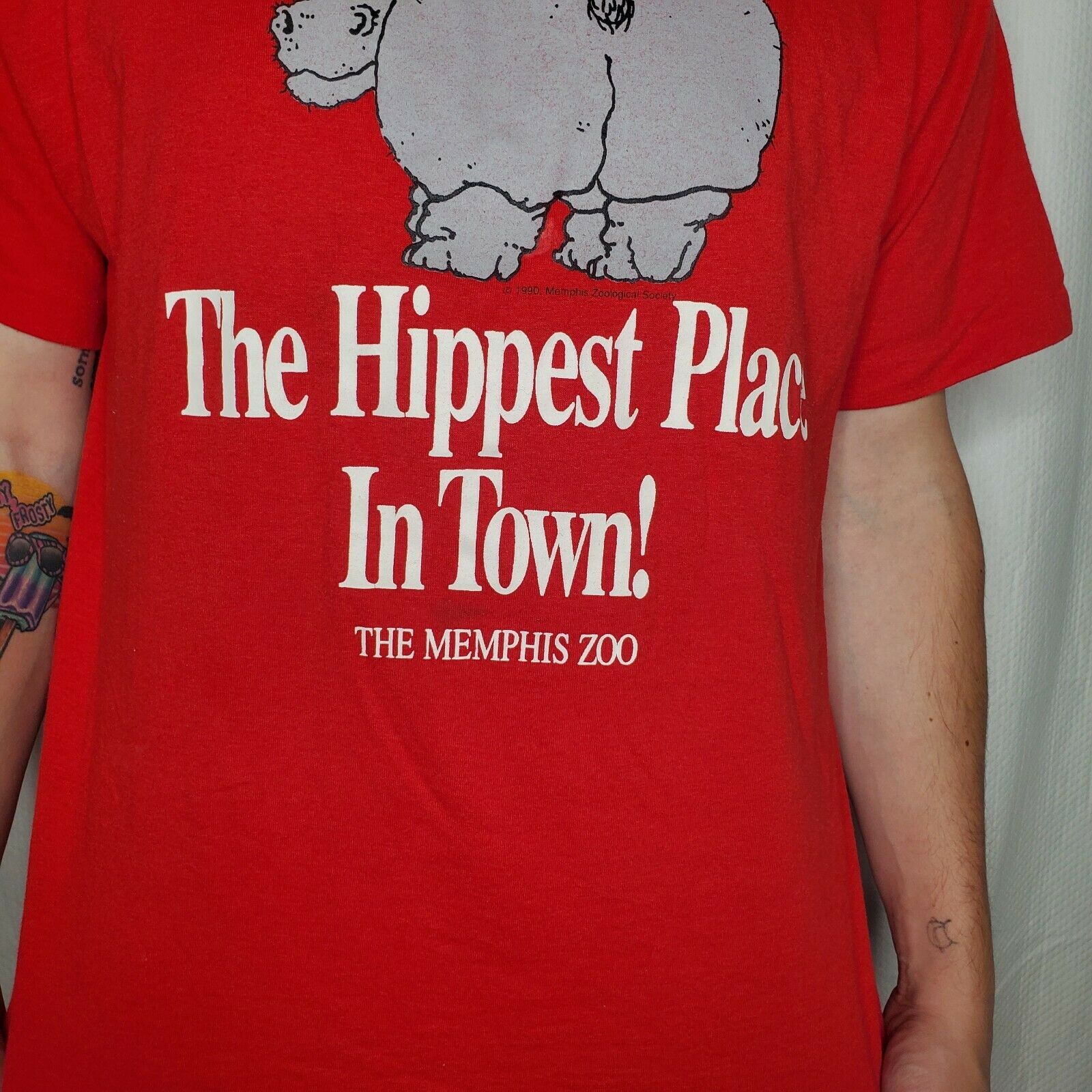 Vintage 80s Memphis Zoo Hippest 🦛 Place in Town Red Graphic XLarge T-Shirt EUC